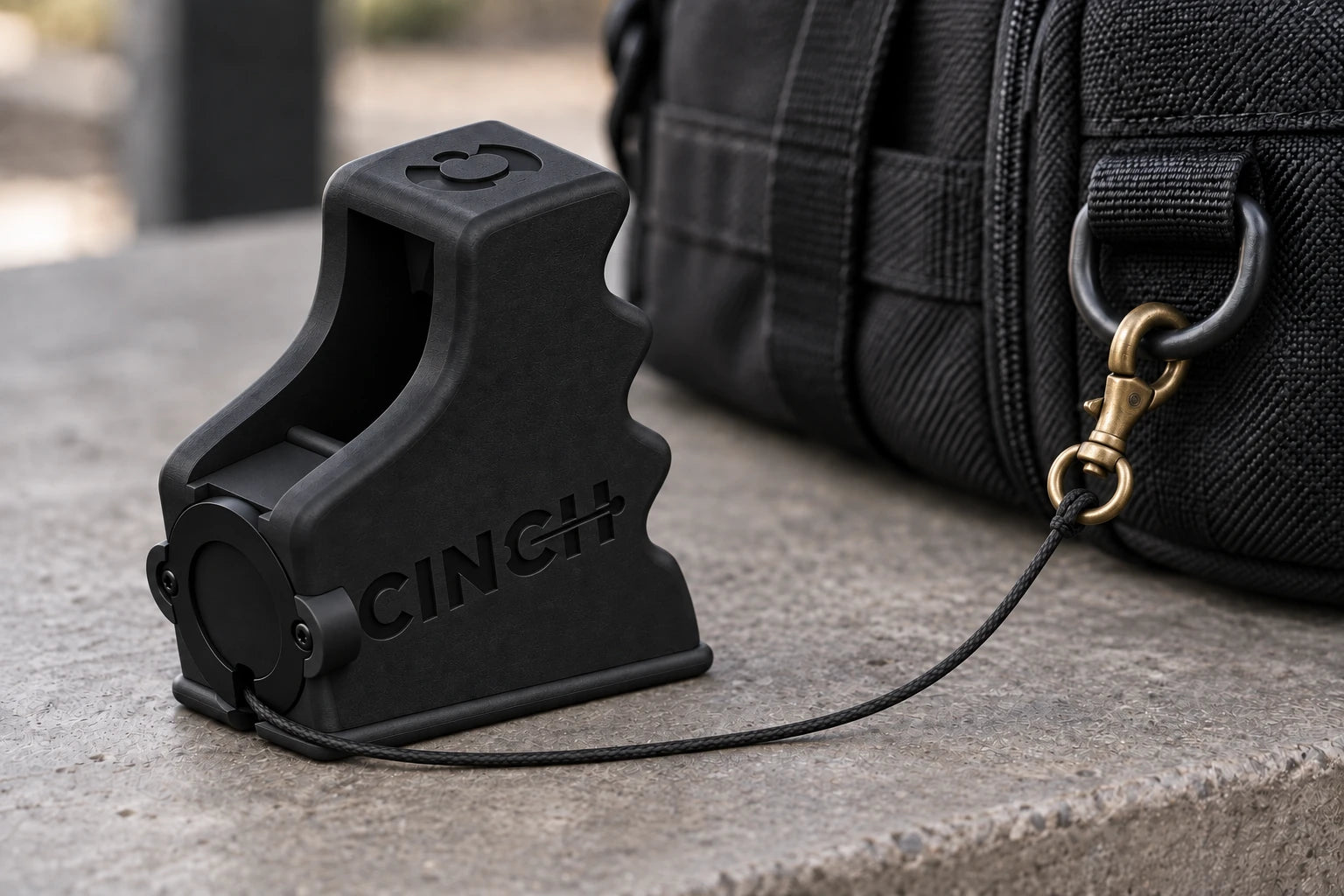 At the range bag: Matte black Cinch V15 viewed from the opposite side, with its bottom-exit tether attached to a black bag. Product visualization.