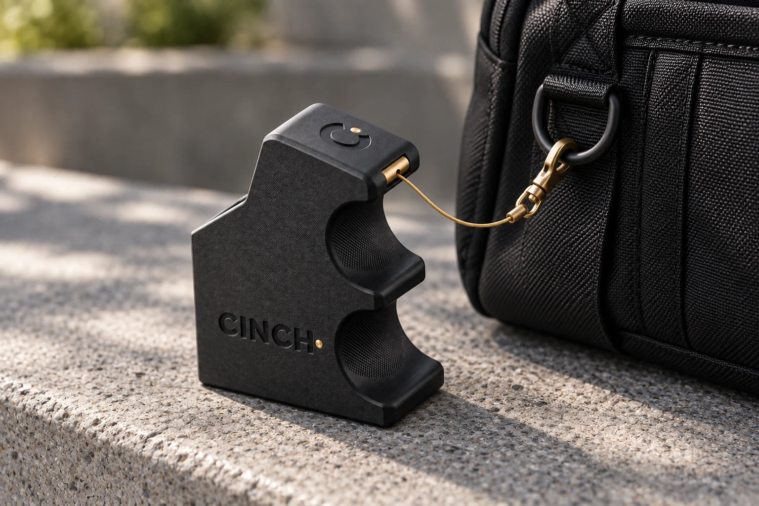 The loader attached to a black range bag with its built-in tether (concept render)